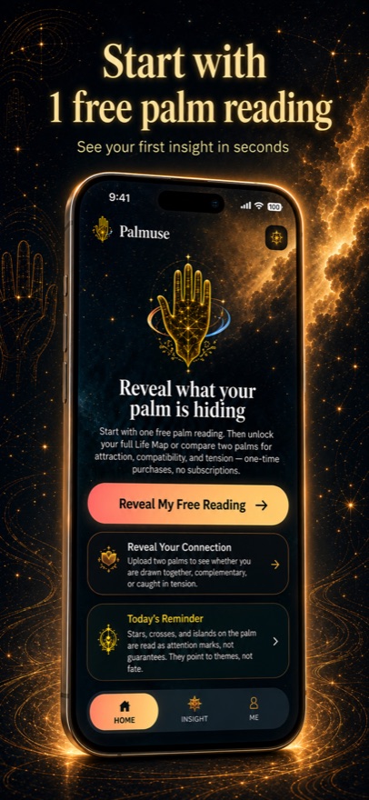 Palmuse home screen with free palm reading call to action